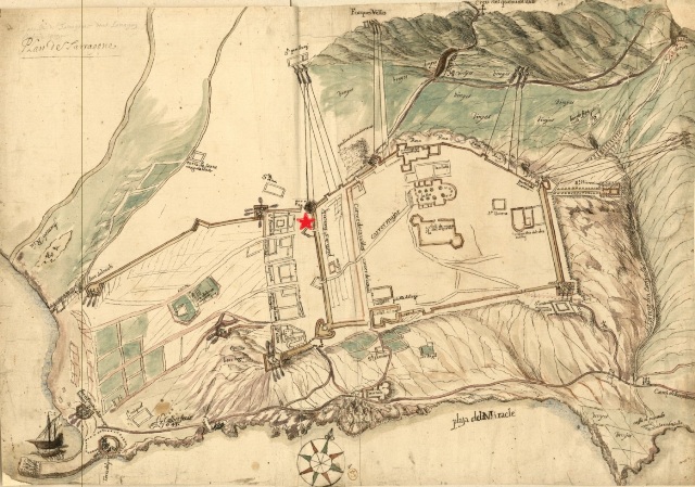 Plànol de Tarragona amb la ubicació de l'església de Sant Francesc (1643)