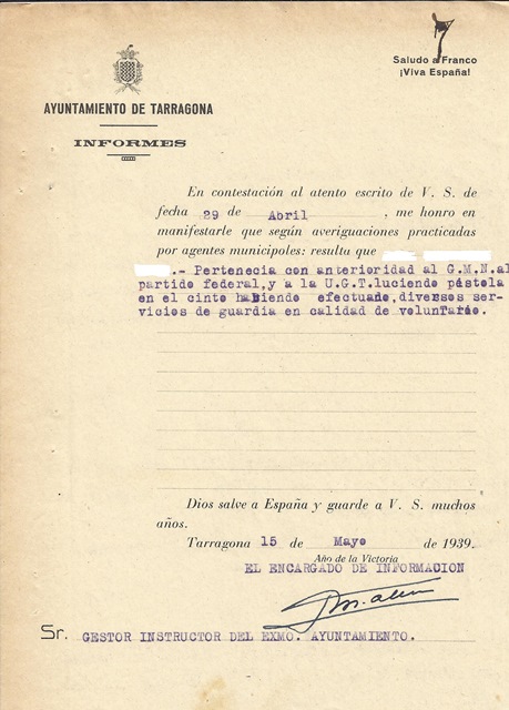 Informe Ajuntament de Tarragona (1939)
