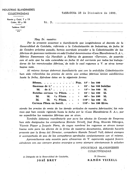 Carta col·lectivització de la fàbrica (1936)
